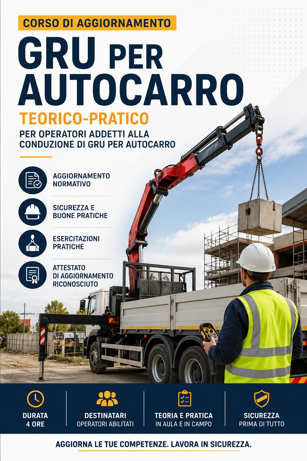 Aggiornamento gru per autocarro durante esercitazione pratica di sollevamento carichi