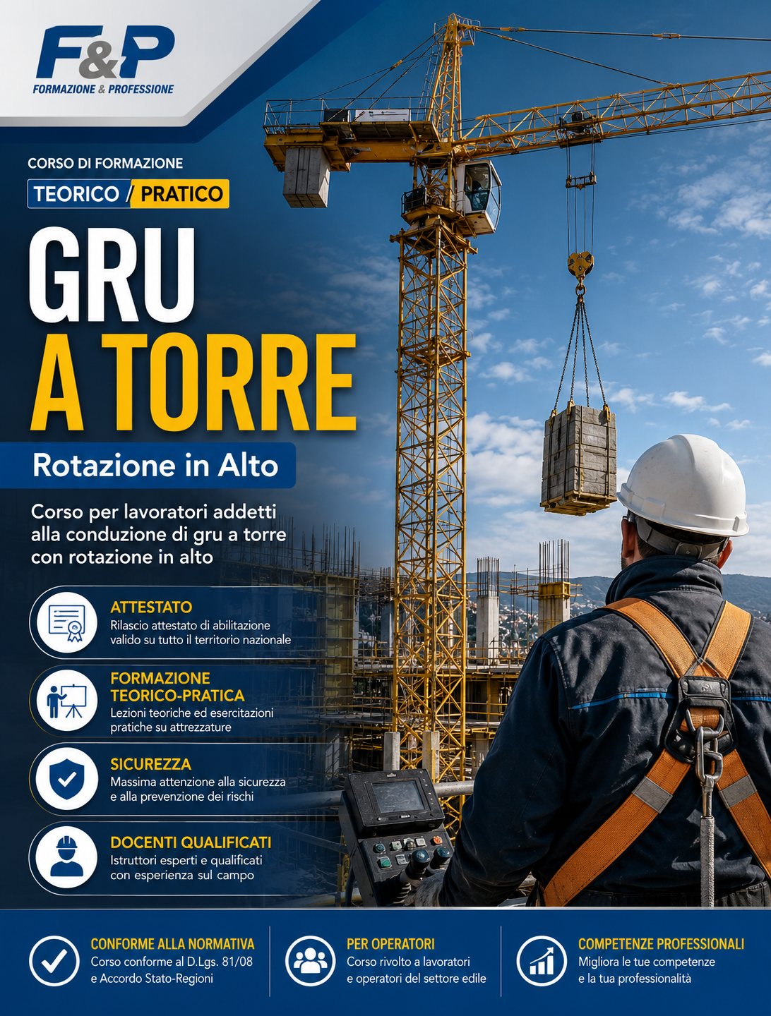 Corso gru a torre rotazione in alto per operatori addetti alla conduzione