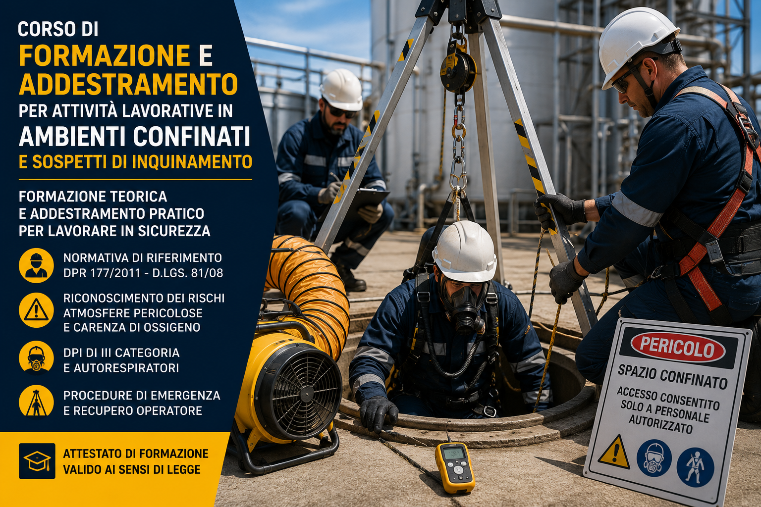 Corso ambienti confinati con addestramento sicurezza e recupero operatore