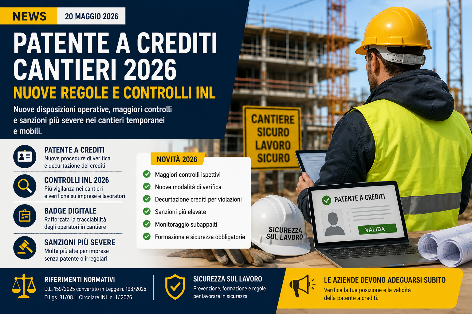 Patente a crediti cantieri 2026 con controlli sicurezza sul lavoro
